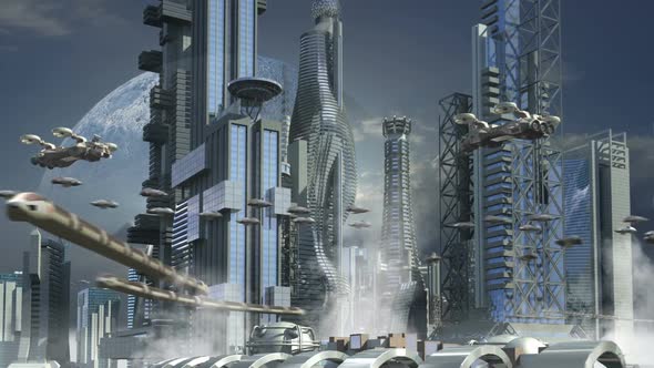 Futuristic City With Hoovering Aircrafts 