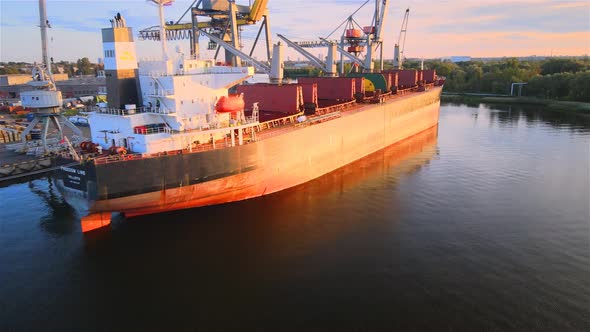 Cargo ship in port closeup