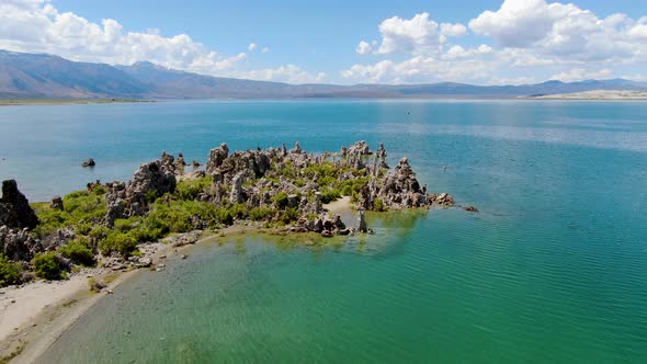 Aerial View of Mono Lake with Tufa Rock Formations During Summer Season, Mono County