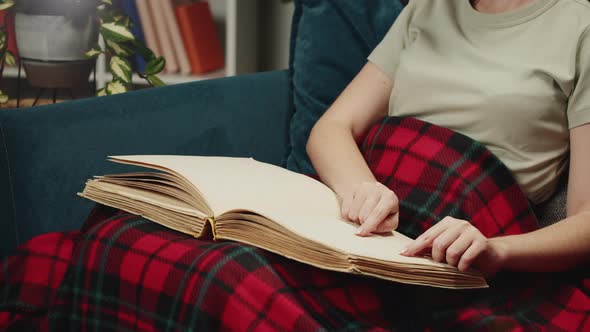 Blind Woman Reading Braille Book Sitting on Sofa in Living Room Poorly Seeing Female Person Learning