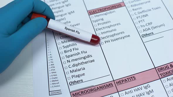 Spanish Flu, Doctor Checking Disease in Lab Blank, Showing Blood Sample in Tube