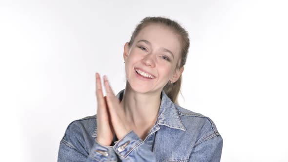 Portrait of Applauding Beautiful Casual Young Woman Clapping