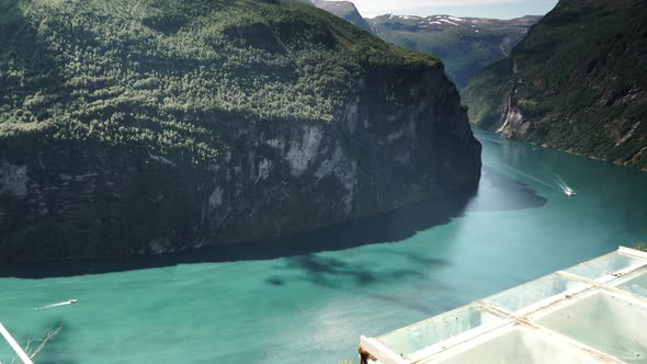 Fjord Geirangerfjord with Ferry Boat, Norway. Timelapse