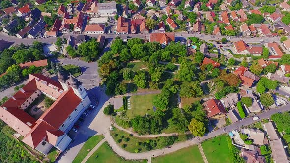 Red Benedictine Monastery in summer ,Tihany, Aerial view of Hungary