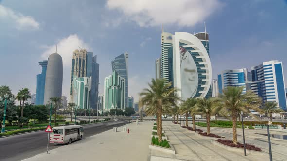 The Highrise District of Doha with Traffic on Intersection Timelapse Hyperlapse