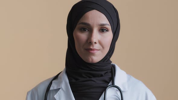 Portrait Smiling Muslim Arab Female Pharmacist Dermatologist Professional Psychologist in Hijab