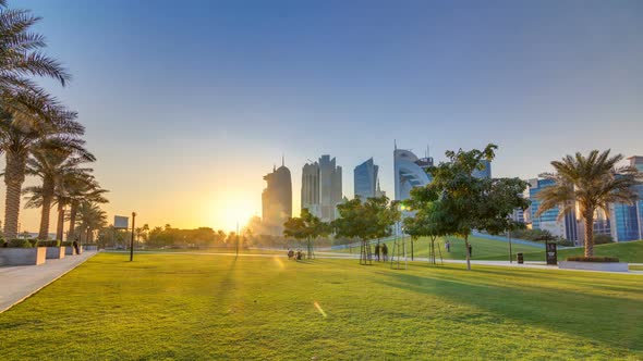 The Highrise District of Doha Timelapse at Sunset