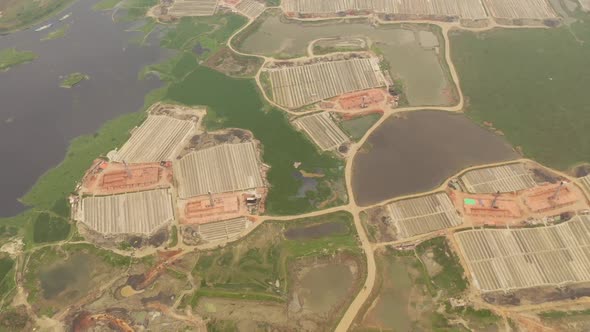 Aerial view of many brick factories, Dhaka province, Bangladesh.