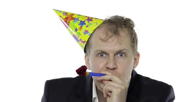 Drank Disheveled Young Businessman in Festive Cap Celebrates and Dance