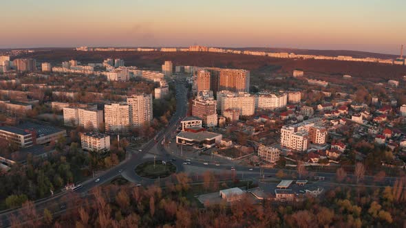 Establishing Aerial Shot of Chisinau Moldova at Sunset