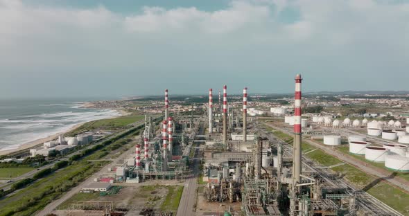 Aerial view over industrial zone, Galp refinery in Matosinhos. Innovation center.