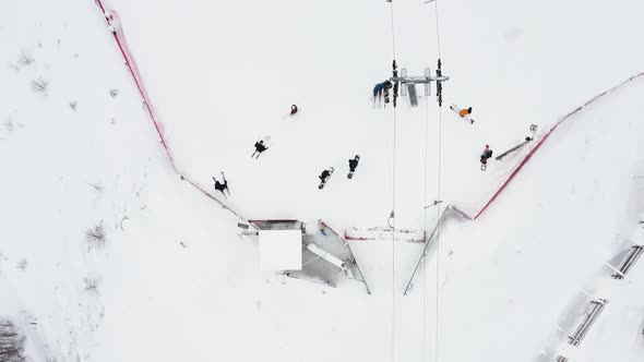 Close Up Top View From Drone on Cable Way in Ski Resort