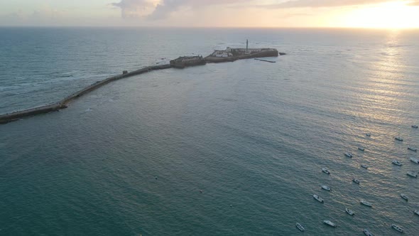 Aerial View of the Lighthouse in Atlantic Ocean on the Shores of Cadiz Spain