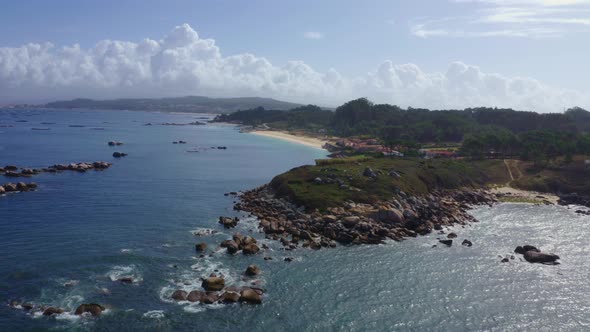 Aerial view of beach and coast, Carreiro, Galicia, Spain