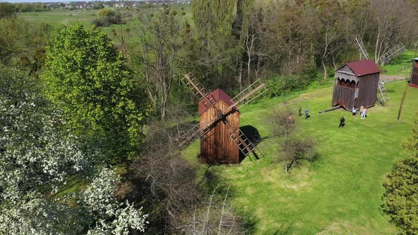 Antique Wooden Windmill in the Park in Ukraine Aerial View