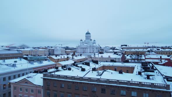 Flying Over the Senate Square Toward Helsinki Cathedral in the Winter