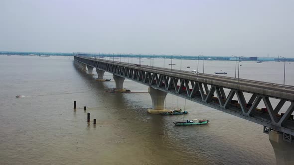 Aerial view of Padma bridge, over the Padma river by day, Dhaka, Bangladesh.