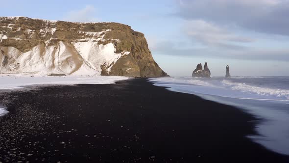 Reynisdrangar Columns and the Black Sand Beach in Iceland