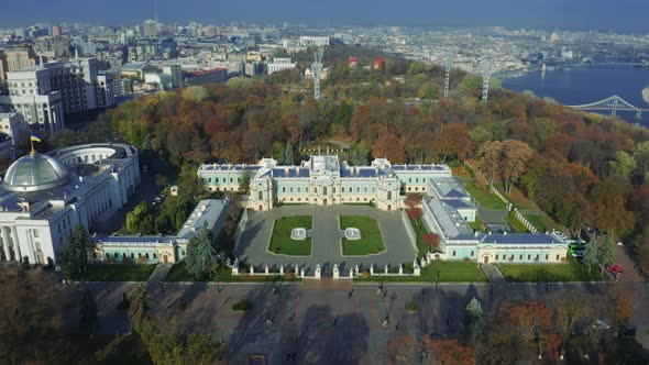 Drone Flies To the Mariyinsky Palace and Verkhovna Rada in Kiev. Aerial View of an Official