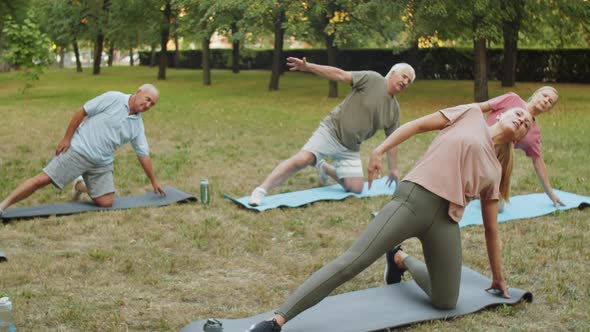 Senior People Stretching on Mats in Park with Yoga Teacher