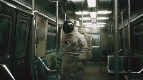 Astronaut Inside of the Old Non-modernized Subway Car in USA