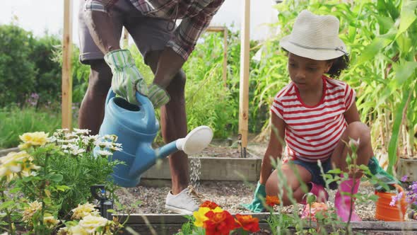 African american father and daughter watering plants