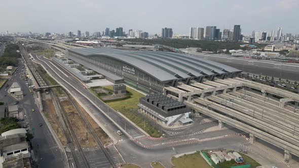 Aerial Pullback from Thailand's new railway hub, Bang Sue Grand Station in Bangkok