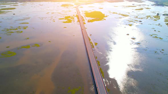 Aerial view over large wetlands in Thale Noi, Phatthalung, Thailand. 4K drone