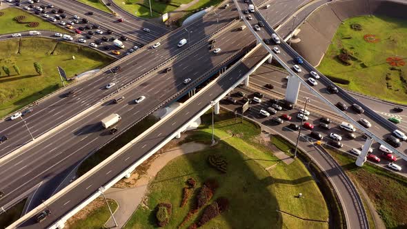 Aerial View of a Freeway Intersection Traffic Trails in Moscow