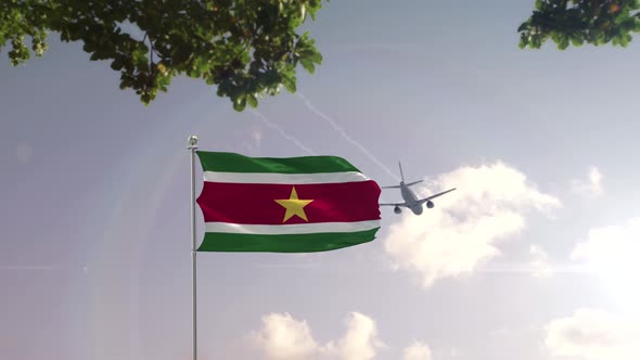 Suriname Flag With Airplane And City -3D rendering