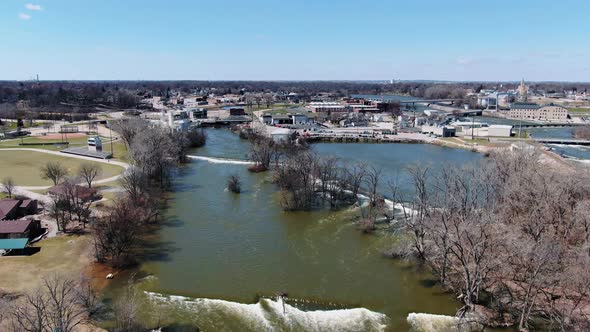 Aerial view over Fox River and Kaukauna, small town in Wisconsin during early spring