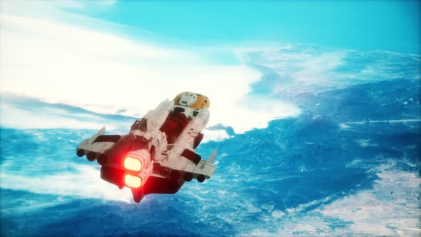 3D Illustration of a Spaceship in Orbit Around Planet Earth alt