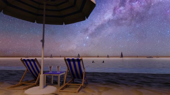 Night Sandy Beach With a Sun Lounger, Umbrella And a Cocktail