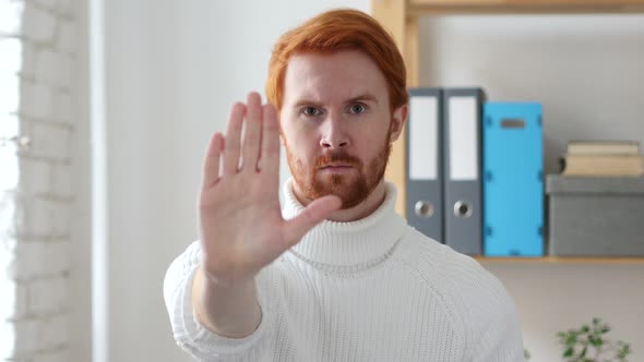 Stop Sign, Man with Red Hairs  Gesturing with Hand