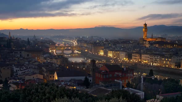 Dusk in Florence, Italy. Tower of Arnolfo, That Is a Part of Palazzo Vecchio, Is Seen on the Right