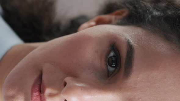 Vertical View Halfface Closeup Portrait of Serious Young Arabian Woman Employee Businesswoman Open