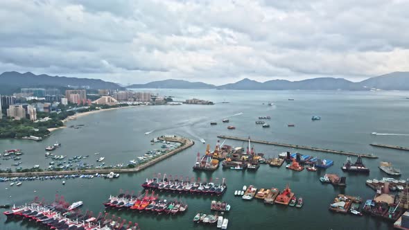 Panoramic aerial view over Castle Peak Bay typhoon shelter, Tuen Mun, Hong Kong