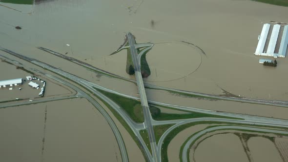 Highways And Buildings Submerged On Floodwaters Caused By Heavy Rain In Abbotsford City, BC, Canada.