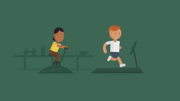 Cartoon animation of happy young people spending time on gym practicing.