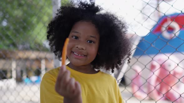 4K Little African girl feeding carrot to the rabbit in the park.