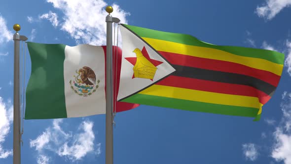 Mexico Flag Vs Zimbabwe Flag On Flagpole