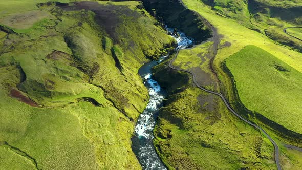 Flying Above the Wild Mountain Skogar River Under the Eyjafjallajokull Volcano in Southern Iceland