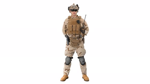 US Military Soldier in Uniform Reports on White Background