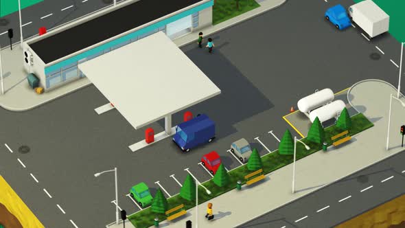 Urban aerial view of the downtown gas station with worker refueling vehicle