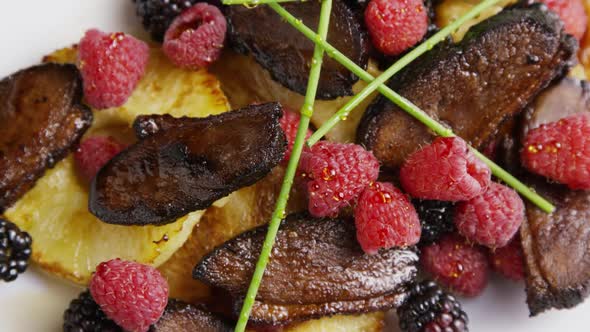 Rotating - Smoked Duck Bacon with Grilled Pineapple, Raspberries, Blackberries and Honey