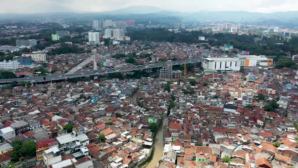 Approaching Pasupati Cable-stayed bridge in Bandung, West Java Indonesia with vehicle traffic during