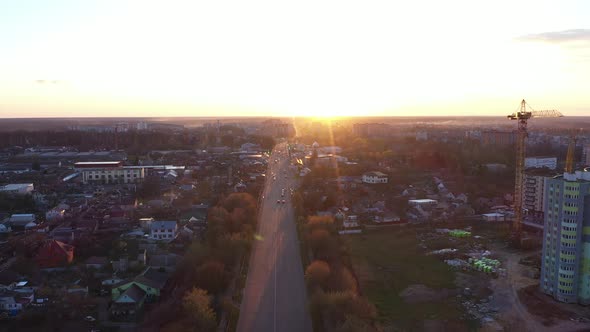 Sunset Over City Aerial View