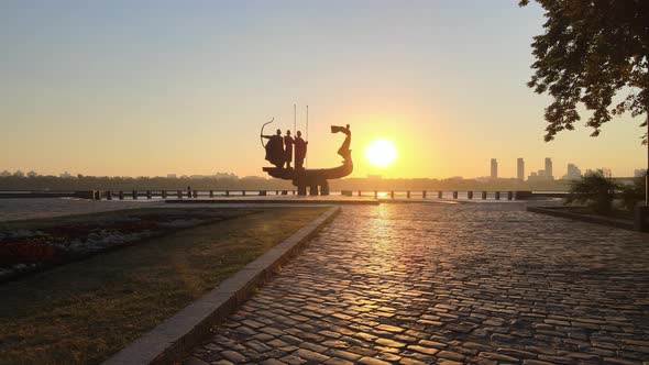 Kyiv, Ukraine - a Monument To the Founders of the City in the Morning at Dawn. Aerial