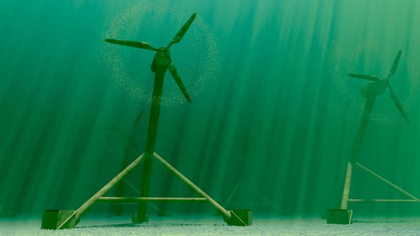 Animation of underwater tidal turbines working. Renewable energy. Loopable. HD