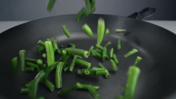 French Beans Are Falling in Slow Motion To the Pan, Fresh Vegetables Are Falling in 240 Fps, Cooking